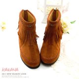 KAZANA~麂皮鉚釘流蘇拉鍊短靴 棕